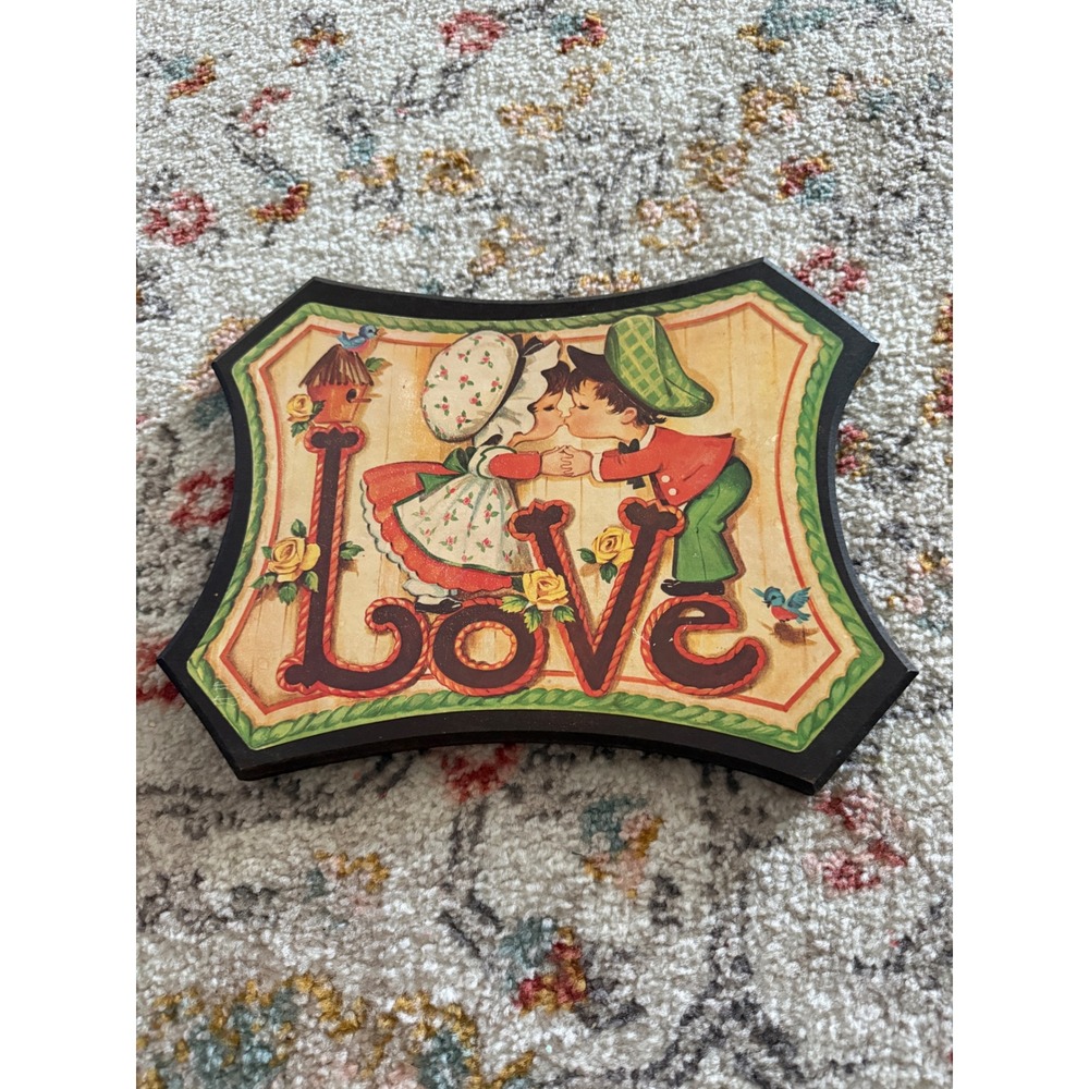 Vintage 1970s Wood Wall Plaque Love Retro Children Nursery Decor 10.5 Inch